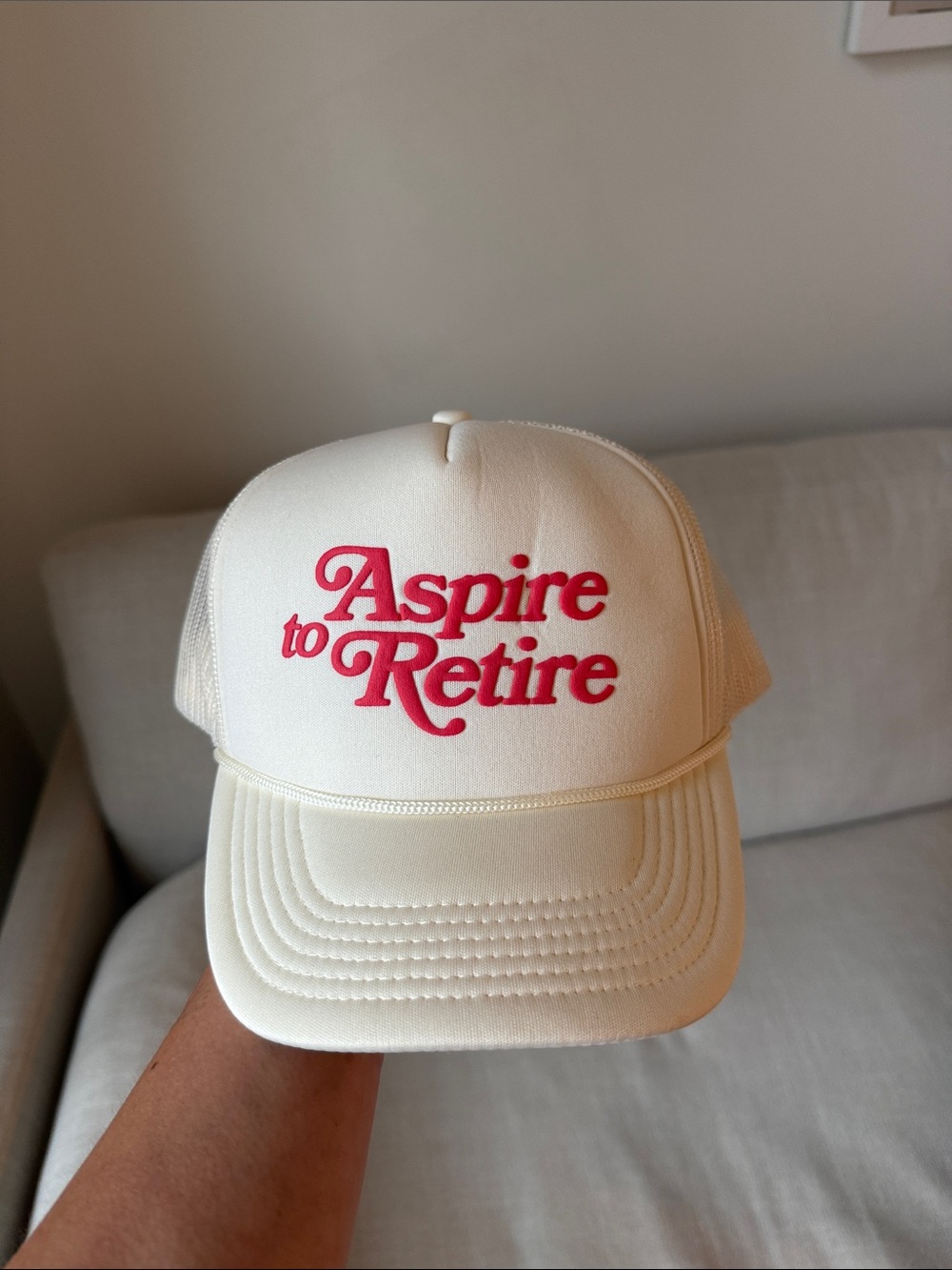 Motel Margarita Revole Aspire to Retire White Trucker Hat Pink Embroidered Logo